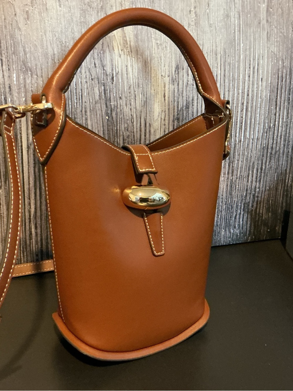 Brown Vegan Leather Bucket Bag Gold Hardware